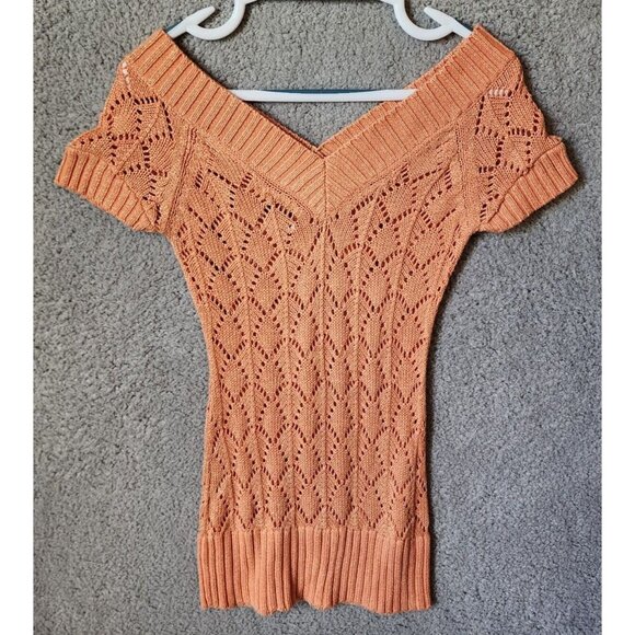 Vtg Y2K Cache Short Sleeve V Neck Open Knit Long Sweater Top Orange Metallic XS - Picture 8 of 12